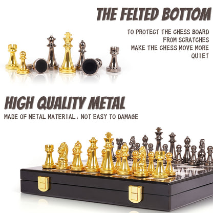 Luxury Marbling Chess Set with Marble Board & Zinc Alloy Metal Pieces - Elegant Marbled Design with Golden & Pattern, Extra Queens Included - Durable Travel-Friendly Chessboard for Adults, Beginners & Professionals - Ideal Gi