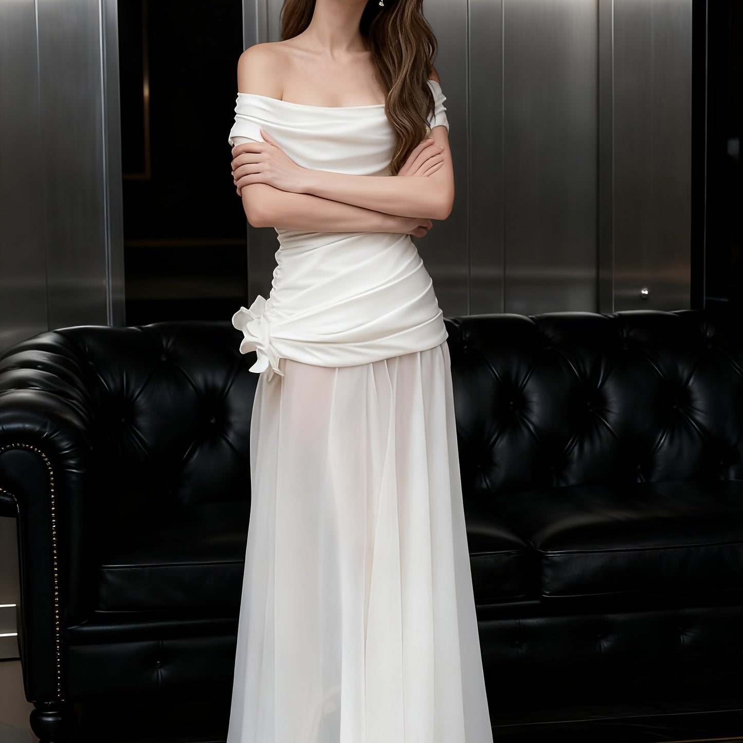 Women'S Elegant Off-the-Shoulder Mermaid/Trumpet Mermaid Long Formal Dress - Sexy Sleeveless A-Line Tulle Evening Gown with Keyhole Neckline, Solid White Floor-Length Wedding & Banquet Dress for Prom, Gala, Special Occasions
