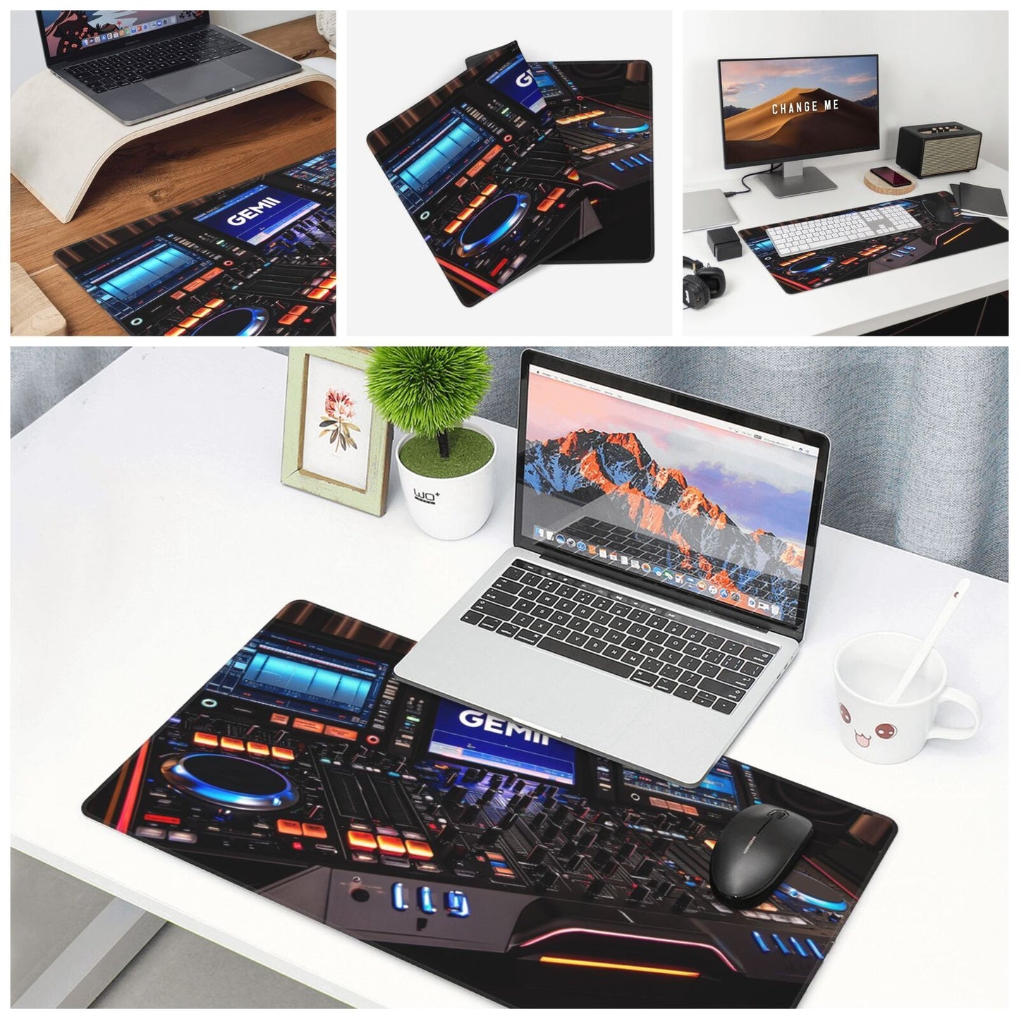 1pc Gemini G4V Controller Design Mousepad, Non-Slip Rubber Base, Washable Oblong Desk Mat for DJs, Professional Mixing & Effects Setup, Modern Black with Illuminated Displays, Mouse Pads for Desk