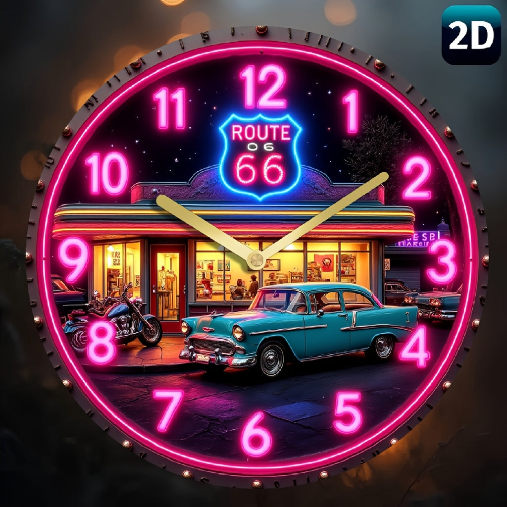 1PC 10/12-inch turquoise car and Route OG logo design wall clock - Round wooden decorative clock, silent non-ticking, powered by AA battery (AA battery not included), perfect for kitchen, living room, cafe and home decoration