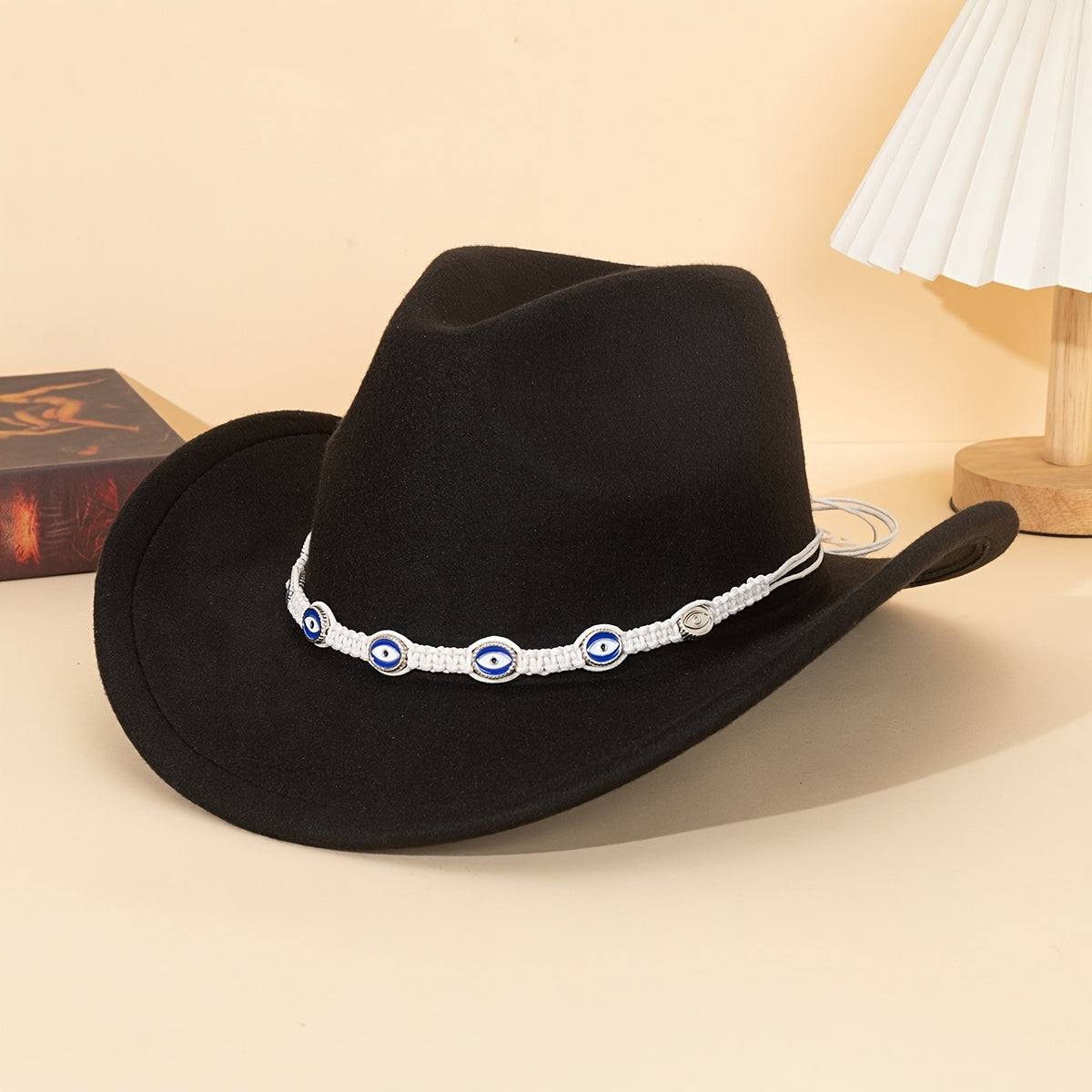 1pc Unisex Western Cowboy Hat with Blue Embellished Band - Lightweight All-Season Detachable Decorative Hat for Outdoor Travel, Parties & Festivals