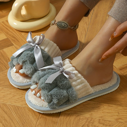 Women's Plush Fleece Slip-On Slippers with Bow Detail - All-Season Indoor House Shoes, Soft EVA Sole for Comfort & Quiet, Cozy Home Slippers in Black/White/Green/Beige/Pink/Grey, Cute Slippers