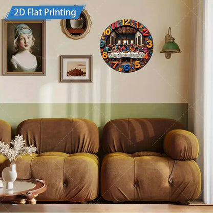 1 Piece Christmas Decoration Wooden Wall Clock, 2D The Last Supper Design - Large Round Silent, Religious, Leonardo da Vinci Inspired The Last Supper Art, Suitable for Home, Church, Office Decoration - Unique Gift for Christi