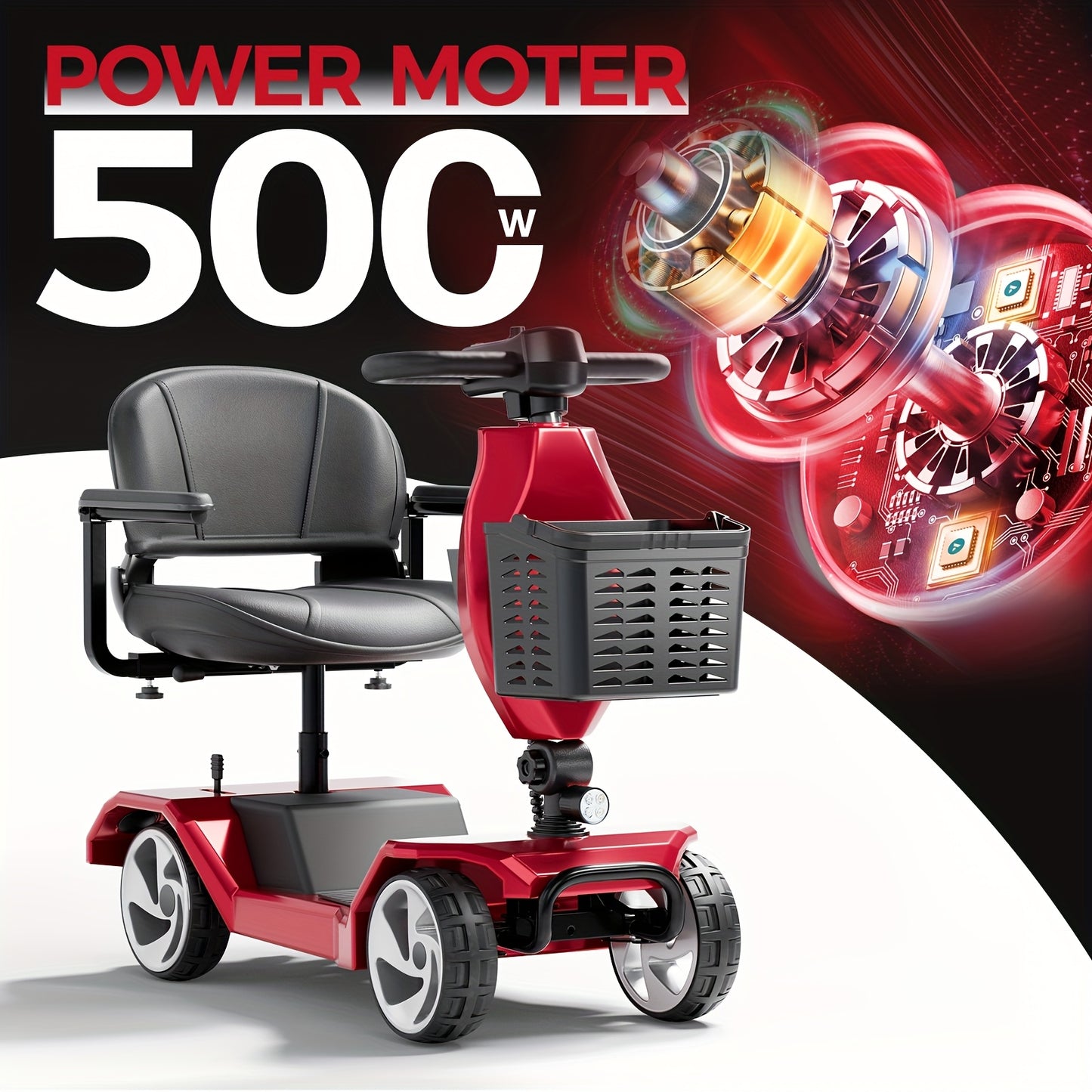 HOMYKING Red Travel-Friendly HOMYKING Foldable 4-Wheel Electric Scooter, 250W Power + Dual Suspension, 15 Miles Range + Front Brake, Detachable Basket + Front Light, for Adults/Elders, 265lbs Capacity, Foldable Scooter, Mobil