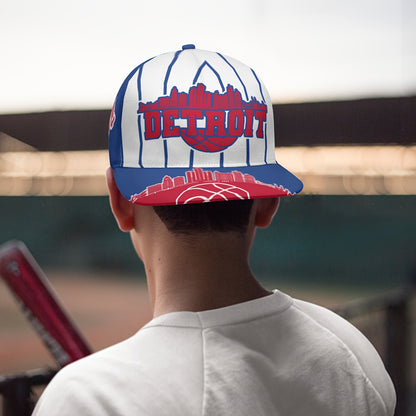 Unisex Basketball Cap with a Flat Brim - Adjustable Hat Featuring a Snap Closure, Creatively Designed with Detroit City Vertical Stripe Print - Game Day Cap - Fan Apparel - Breathable for All Seasons - Suitable for Outdoor An