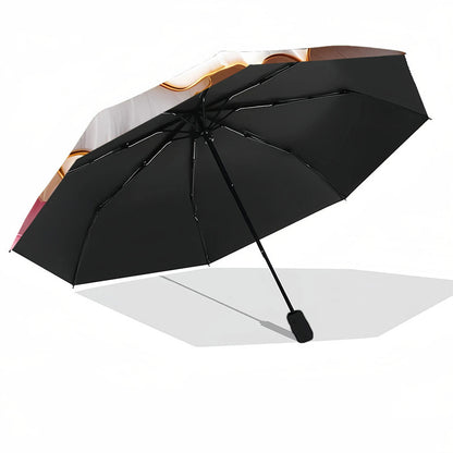 1pc Automatic Open/Close Umbrella with One-Touch Button - 8-Rib Folding Umbrella with Ergonomic Handle & Large Canopy - Pink & Golden Rose Design with Black Button Accent - Compact Travel Umbrella for Women & Men, Automatic O