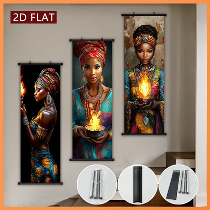 2D/ FLAT-3pcs African flame women wall murals, African women holding flame containers and wearing exquisite jewelry, high-definition high-quality printing, ink artwork poster, suitable for living room, bedroom, office decorat