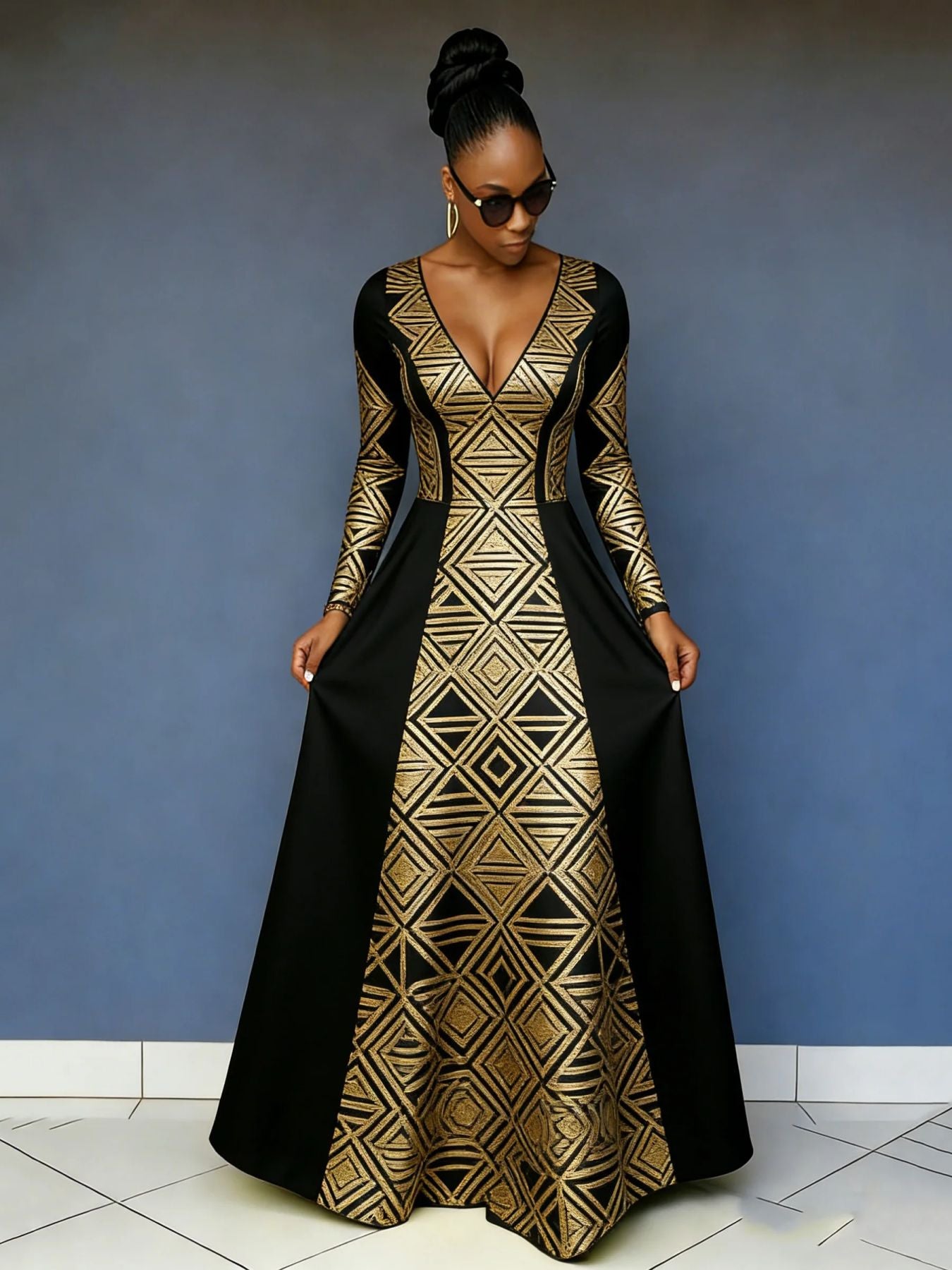 Women'S Dress Printed V-Neck Sexy Long-Sleeved Dress Waist-Cinching Large Swing Dress