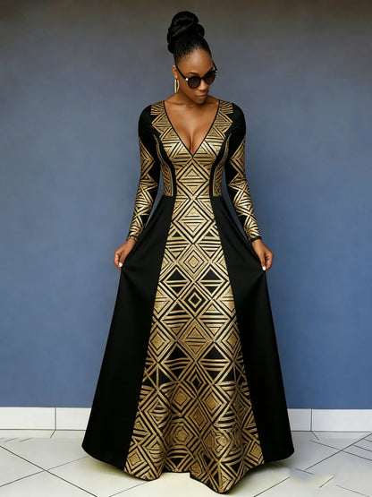 Women'S Dress Printed V-Neck Sexy Long-Sleeved Dress Waist-Cinching Large Swing Dress