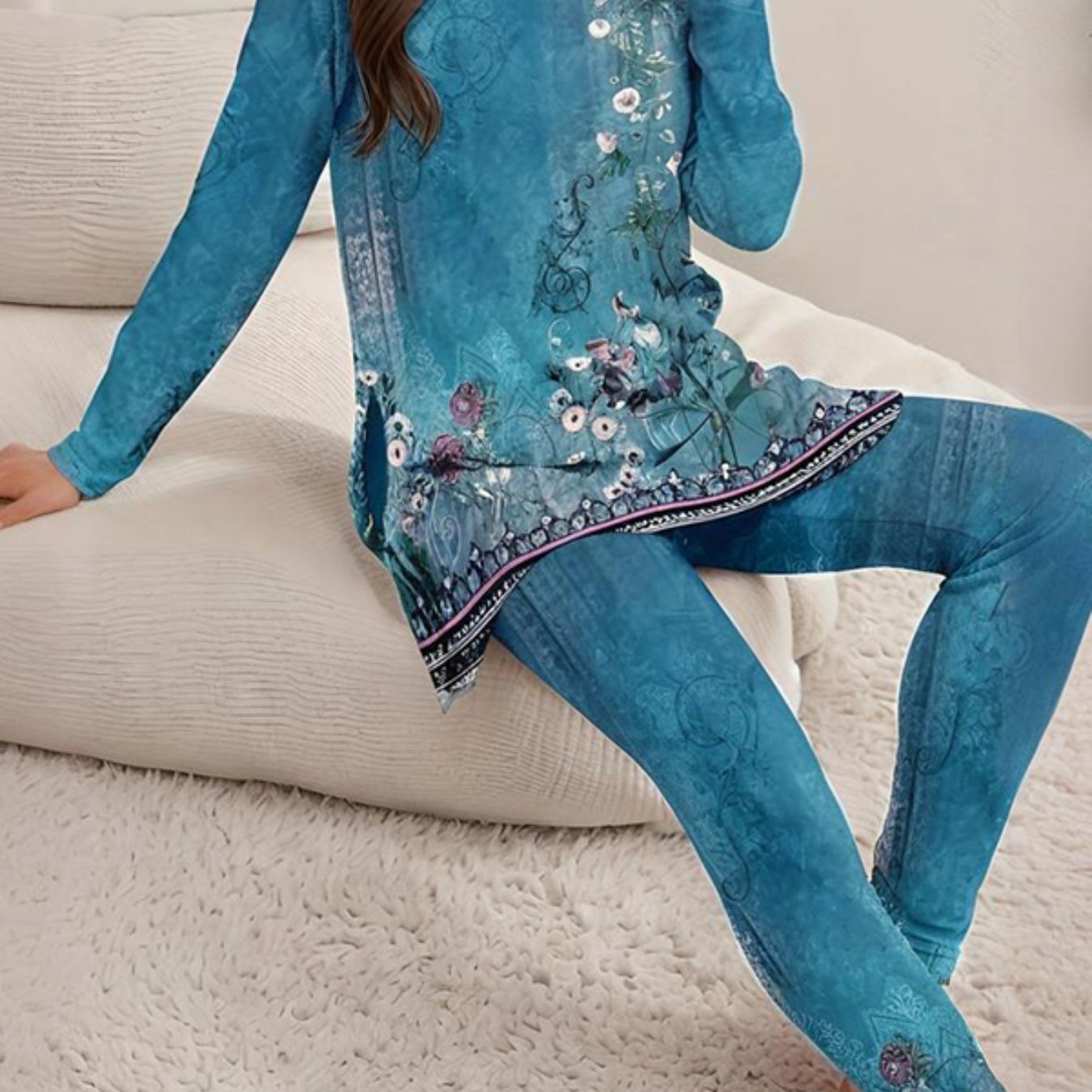 Women's Round Neck Printed Slit Long Sleeve Top& Long Pants Set- Casual Loungewear Outfit