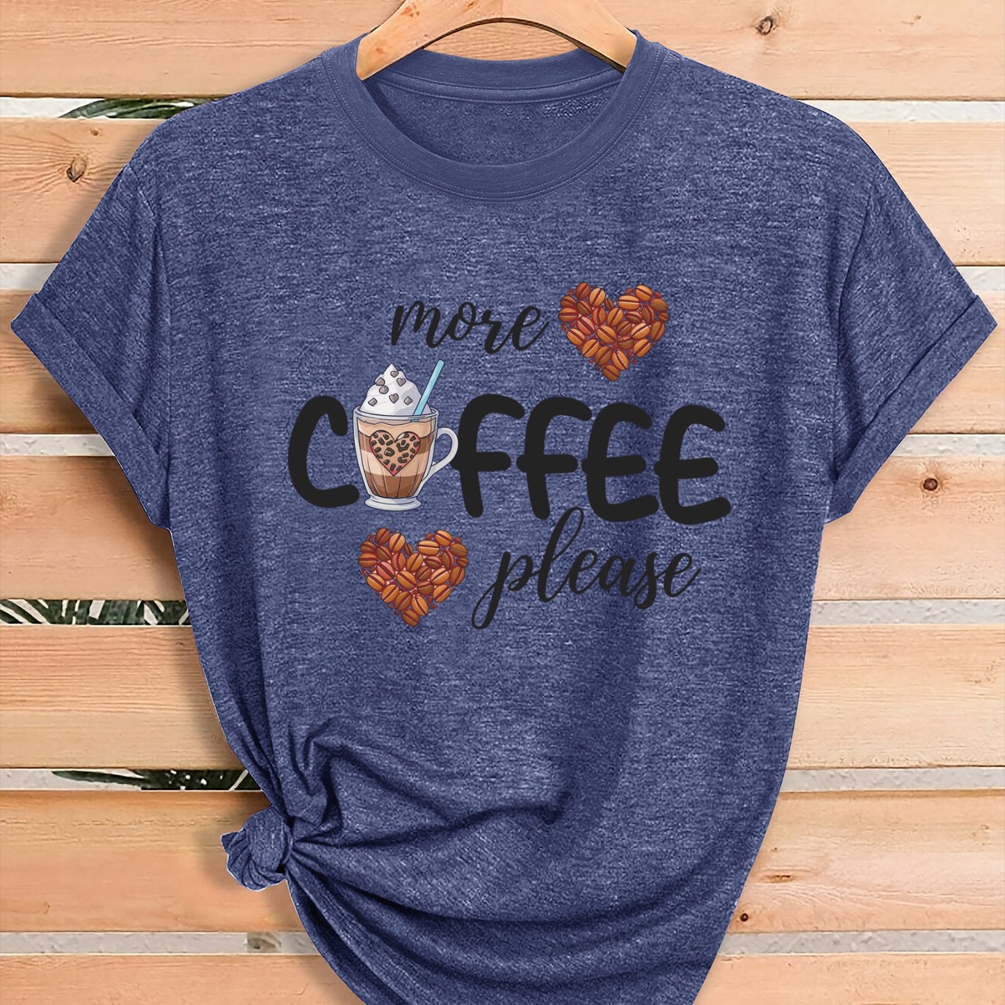 Women'S Coffee Lover Graphic T-Shirt - "More COFFEE Please" Print with Coffee Beans & Heart Eyes - Soft Stretch Round Neck Casual Streetwear Top for Gym, Casual Attire & Coffee Shop Outfits - All-Season Comfort Fit Tee, Coffe