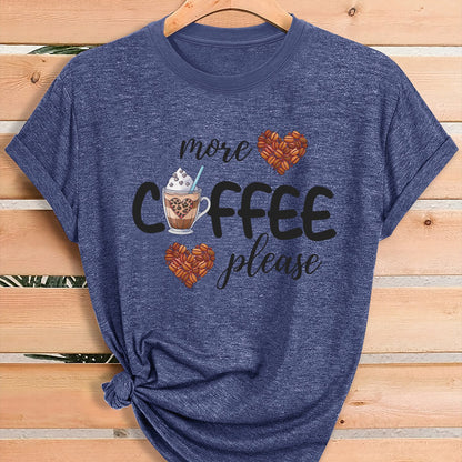 Women'S Coffee Lover Graphic T-Shirt - "More COFFEE Please" Print with Coffee Beans & Heart Eyes - Soft Stretch Round Neck Casual Streetwear Top for Gym, Casual Attire & Coffee Shop Outfits - All-Season Comfort Fit Tee, Coffe