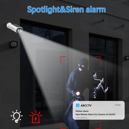 ARCCTV Cam 4-Cam Kit, Security Camera Outdoor Wireless, 2K Camera with Integrated Solar Panel, Forever Power, Smart Siren & Spotlights, 2-Way Audio, App-Controlled (Wi-Fi), 4MP Face Recognition AI, 5G & 2.4 GHz Wi-Fi, No Mont