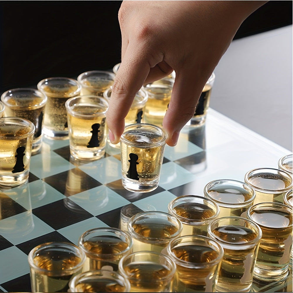 32pcs Chess-Themed Shot Glass Drinking Game Set - Acrylic Chess Board Glasses for Adults, Durable Bar Party Supplies with Storage Case, Family Game Night & Strategy Board Game Accessories