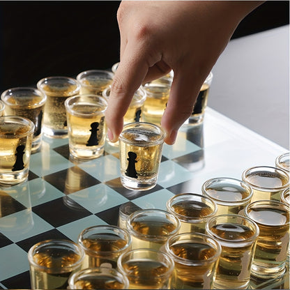 32pcs Chess-Themed Shot Glass Drinking Game Set - Acrylic Chess Board Glasses for Adults, Durable Bar Party Supplies with Storage Case, Family Game Night & Strategy Board Game Accessories