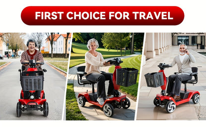 HOMYKING Red Travel-Friendly HOMYKING Foldable 4-Wheel Electric Scooter, 250W Power + Dual Suspension, 15 Miles Range + Front Brake, Detachable Basket + Front Light, for Adults/Elders, 265lbs Capacity, Foldable Scooter, Mobil