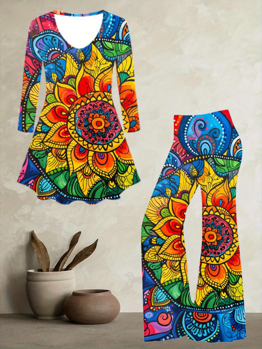 Plus Size, Women's Bohemian Print Vintage 2pcs Set, Including Bohemian Style Top and Flared Pants, Fashionable Casual Outfit. Available in Multiple Sizes, It's a Great Gift for Friends