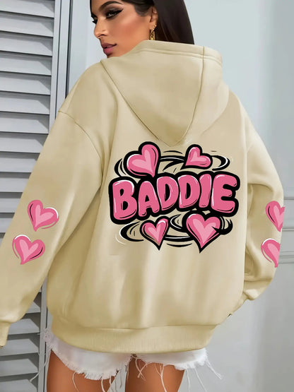 Women's Plus Size Oversized Hooded Sweatshirt 1XL-5XL - Cozy Baddie Graphic Hoodie with Heart Print, Long Sleeve Pullover, All-Season Casual Wear, Black Sweatshirt for Women Suitable for 1XL-5XL