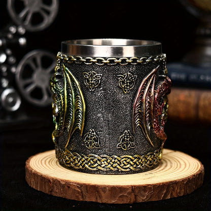 Medieval Collectible Drinkware (Hand Wash Only) - 2024 Dragon Warrior Gothic - 3D Dragon & Skull Coffee Mug & Beer Cup - Stainless Steel Insulining Cup with Celtic Knot Design - Viking-Themed Gift for Men - Christmas - Hallow