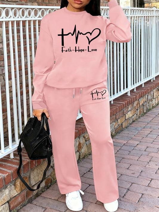 Women'S Casual Crew Neck Sweatshirt and Straight-Leg Pants Two-Piece Set with "Faith Hope Love" Print, Fleece-Lined, Drawstring Waist, All-Season, Comfortable Outfit For Casual Attire, Comfortable Clothing | Crew Neck Sweatsh