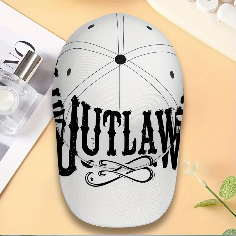 1pc 2D Outlaw Script Print Baseball Cap - Full-Body Vibrant Polyester Hat, Adjustable Snapback for Running, Sports & Casual Streetwear., Outdoor Headwear, Trendy Streetwear, Breathable Fabric, Durable Hat, Fashion Hat, Street