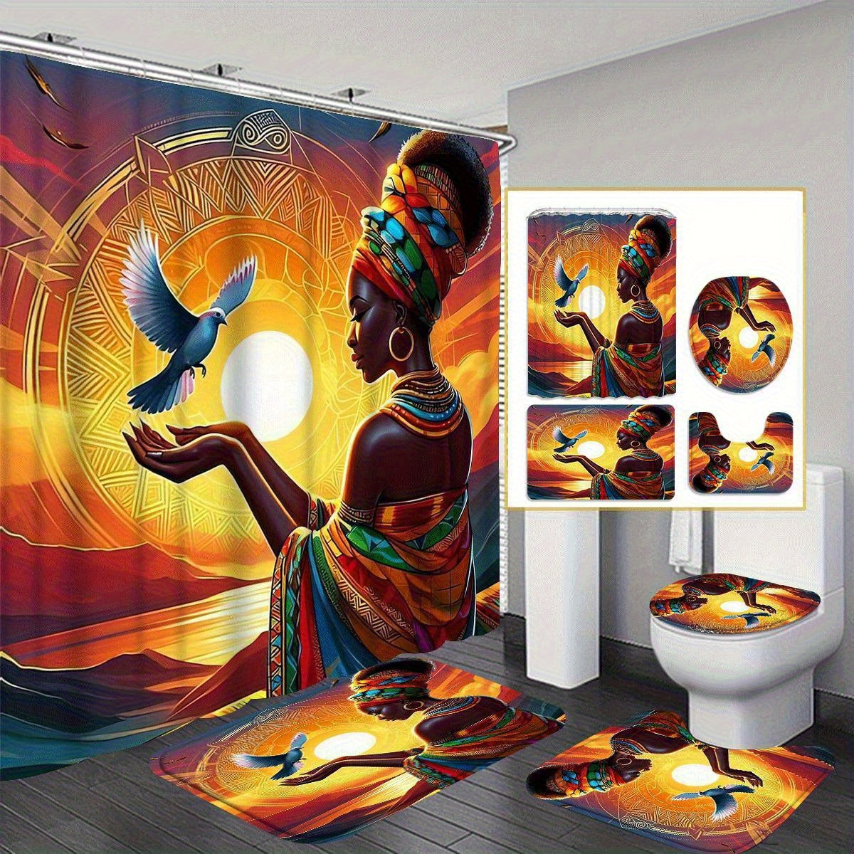 African Shower Curtain Set with 12 Hooks - Vibrant Ethnic-Inspired Design,Ideal for Holiday Gifts, Polyester Material, African Bathroom Set|Decorative Bath Set|Detailed Craftsmanship, Bath