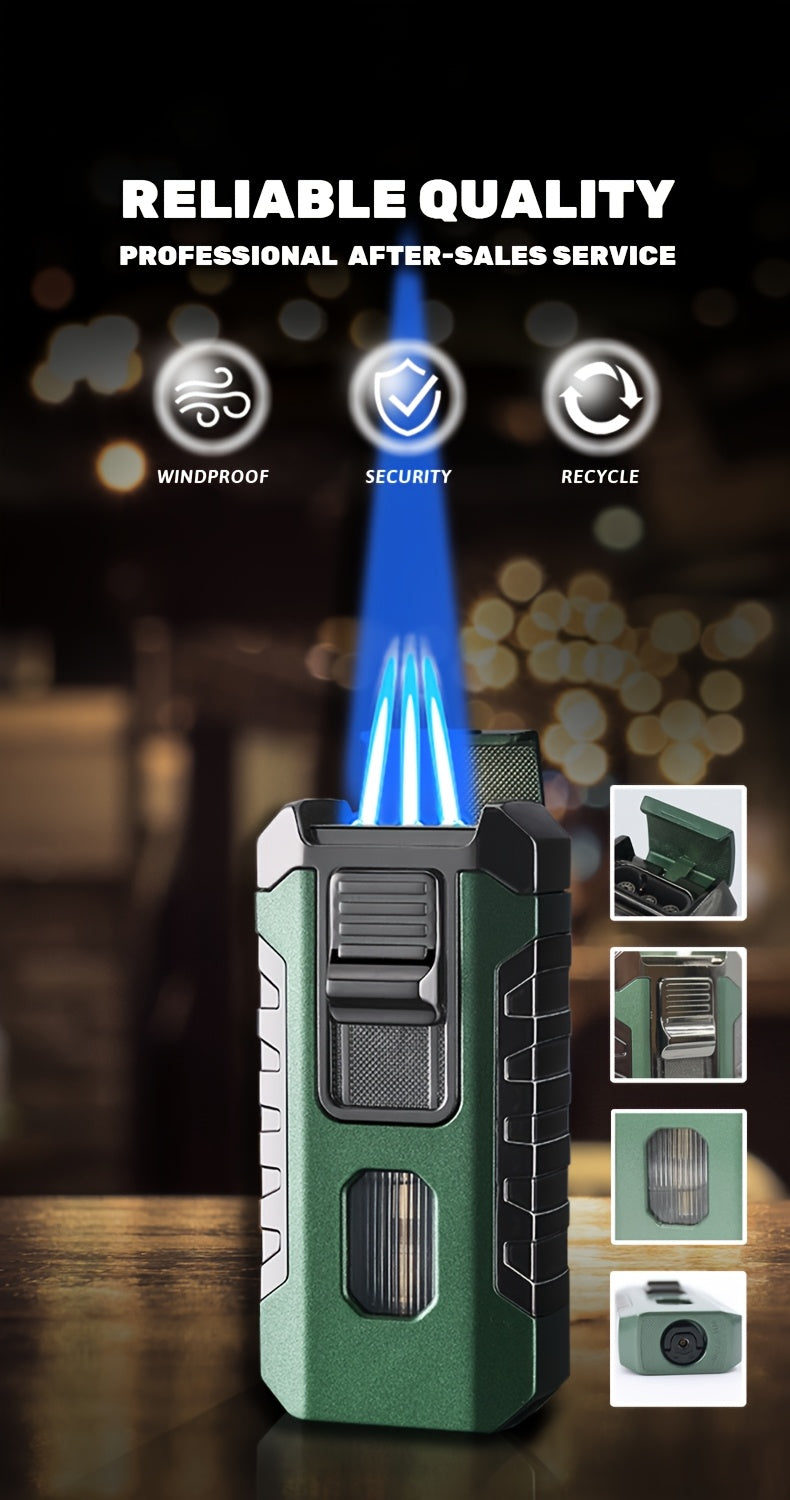 A Lighter That Resists Wind, Featuring a Triple Flame with Direct Injection, Made of Metal And Equipped with a Viewing Window. It'S a Refillable, Portable Lighter with an Adjustable Flame