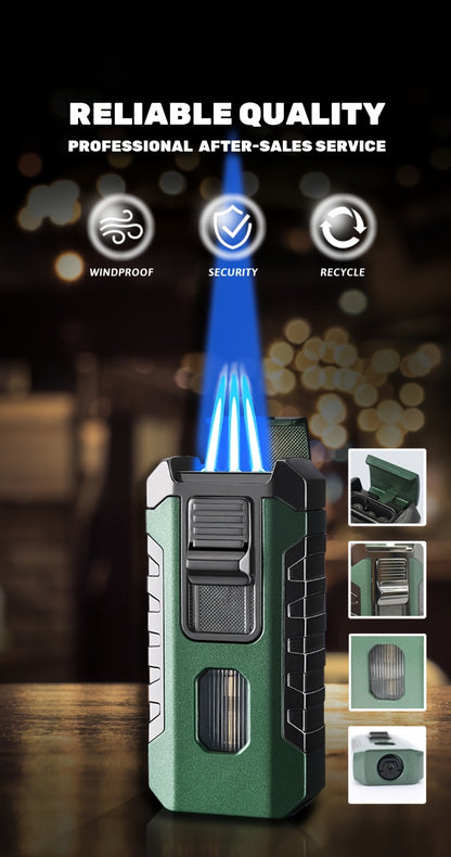 A Lighter That Resists Wind, Featuring a Triple Flame with Direct Injection, Made of Metal And Equipped with a Viewing Window. It'S a Refillable, Portable Lighter with an Adjustable Flame
