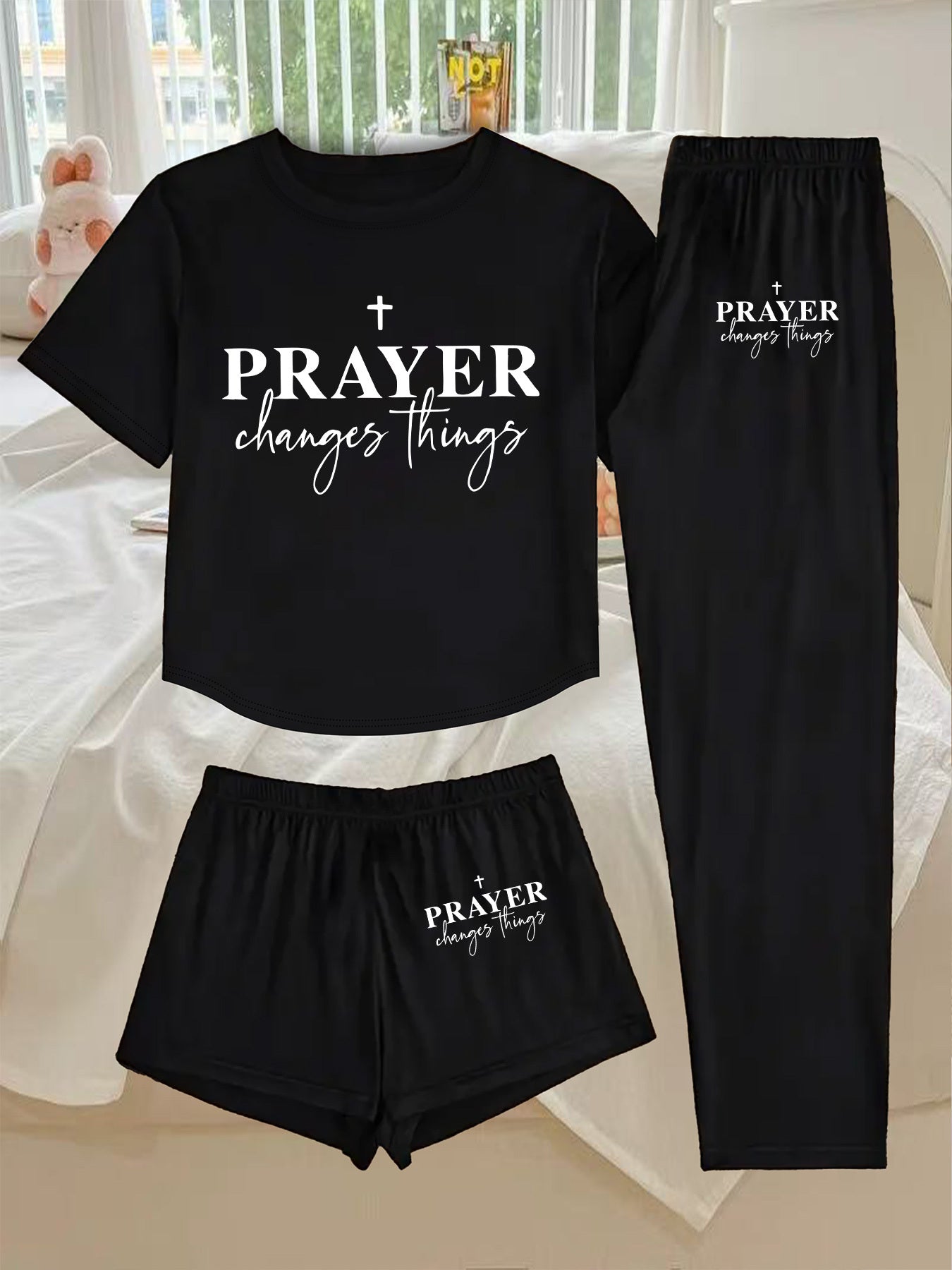 3pcs Women's Pajama Set - Faith Prayer Theme Sleepwear with Verse Print (Prayer Changes Things), Short Sleeve T-Shirt, Shorts & Lounge Pants - Breathable Pajamas for Bedtime, Church & Casual Attire - Machine Washable