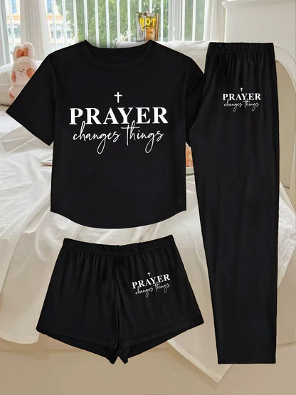 3pcs Women's Pajama Set - Faith Prayer Theme Sleepwear with Verse Print (Prayer Changes Things), Short Sleeve T-Shirt, Shorts & Lounge Pants - Breathable Pajamas for Bedtime, Church & Casual Attire - Machine Washable