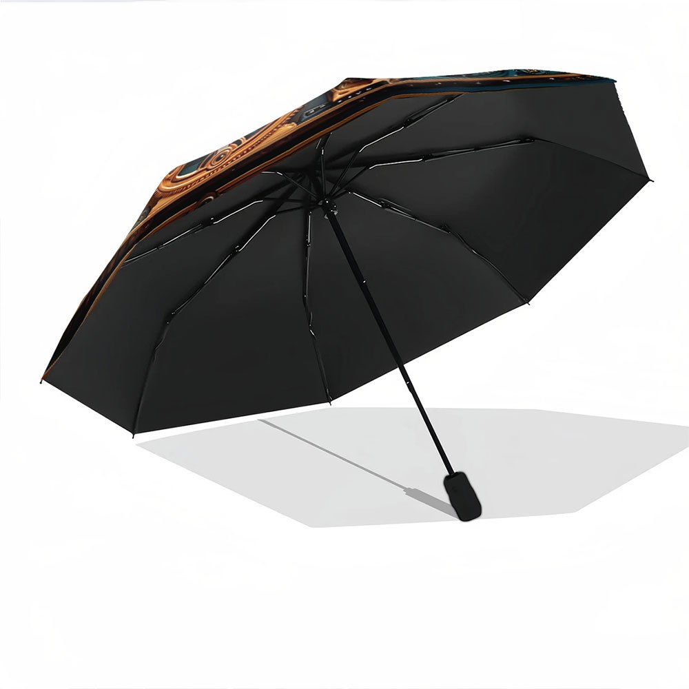 Steampunk Automatic Folding Umbrella with Gears & Clockwork Mechanism - 8-Rib Durable Iron Frame, Portable Collapsible Design, 210T Pongee Canopy, Casual Outdoor Accessory For Christmas, Birthday Gifts, Steampunk Umbrella, Fe