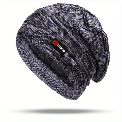 Men's Black Cable-Knit Winter Hat with Ear Flaps & Red Label-Like Patch - Soft Warm Beanie for Cold Weather, Durable Textile Material, Versatile for Sports & Everyday Use - Ideal Gift for Men (Hand Wash/Dry Clean)