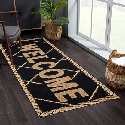 1pc HKStorage Modern Welcome Mat - Elegant Golden Lettering on Black Background, Durable Polyester Rectangular Entryway Mat for Home, Office & Commercial Spaces, Machine-Made Machine Washable, Holiday Decor for Mother'S Day,