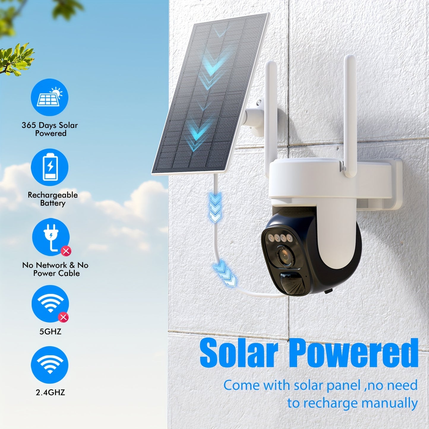 3pcs Solar-Powered Outdoor Security Cameras with AI Motion Detection, 2K HD Surveillance, PTZ (360° Pan-Tilt-Zoom), Color Night Vision, Two-Way Audio, Wireless WiFi, Solar Panel, High Quality, for Home/Business/Outdoor/Drive