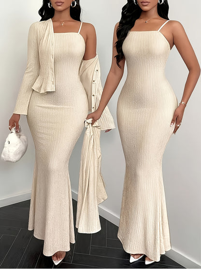 Spaghetti Strap Dress and Cardigan Set - Elegant Solid Color | Spring/Summer Collection, Button Details, Collarless Style