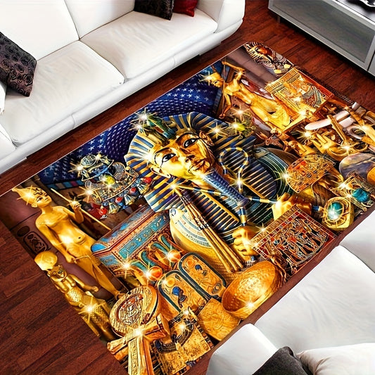 Egyptian Pharaoh-Inspired 3D Golden Area Mat - Machine Washable, Luxurious Velvet Decor for Living Room, Bedroom, Dorm | Ideal for Mother'S Day, Father'S Day, Graduation, Juneteenth, Independence Day, Rugs for Living Room