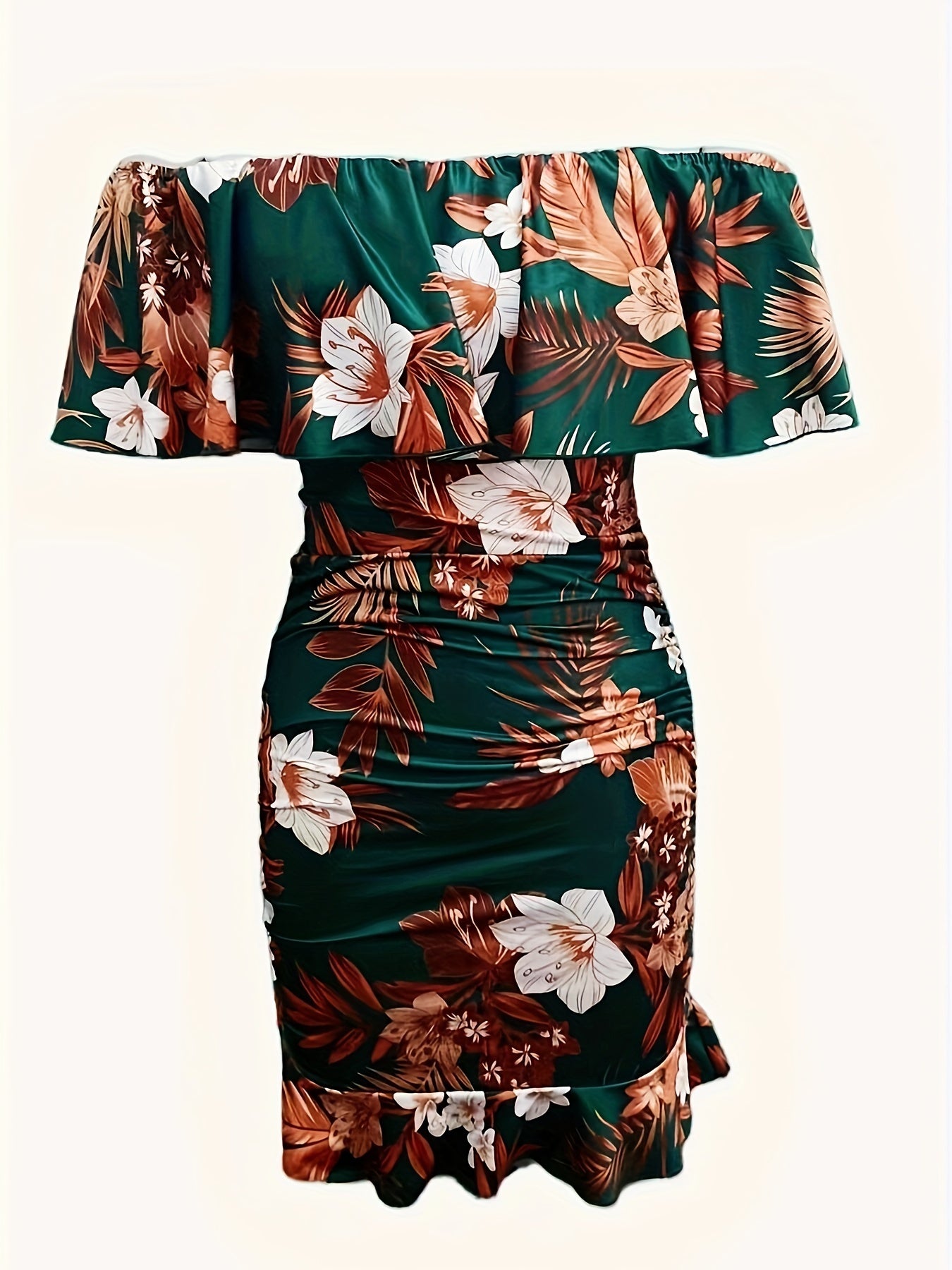 Floral Print Off Shoulder Dress, Sexy Ruched Bodycon Dress For Spring & Summer, Women's Clothing
