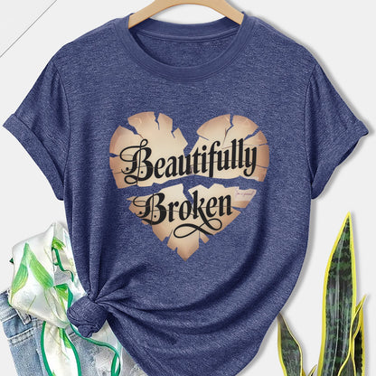 Women'S Olive Green Butterfly & Heart Print "Beautifully Broken" T-Shirt - Casual Streetwear Round Neck Short Sleeve Top, Breathable All-Season Comfort Fit for Gym, Training & Casual Attire with Motivational Slogan Design, Lo