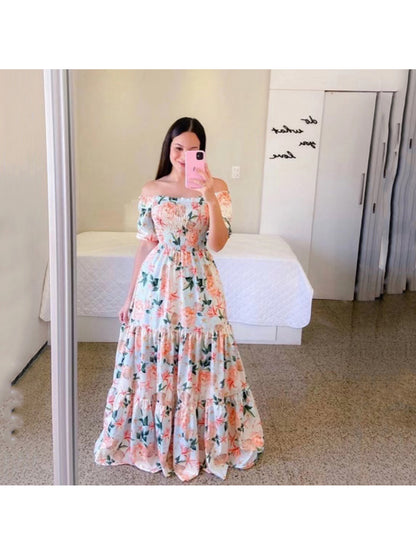 2023 New Spring Summer European and American Women's Fashion Off-Shoulder Floral Print Long Dress