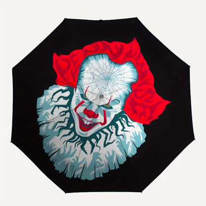 Pennywise Inspired Automatic Folding Umbrella - Durable 8-Rib Design, Portable Travel Umbrella with Vibrant Pennywise Face Artwork, Black with Red & White Stripes, Perfect Holiday Gift for Fans, Stylish & Functional Accessory
