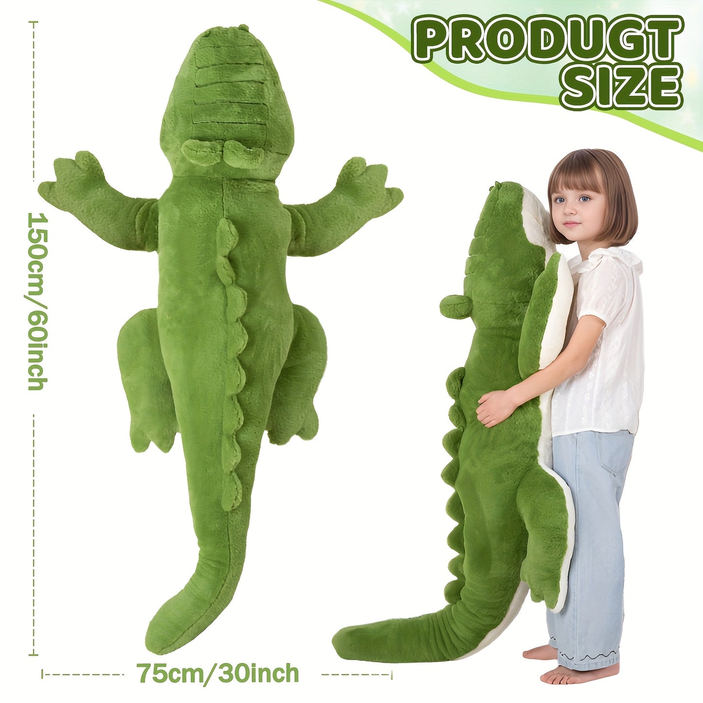 60inch Giant Crocodile Stuffed Animal | Soft Toy Alligator Large Cute Huge Jumbo Big Size Kawaii Fluffy Fat Plushie, Green Knit Fabric, Ideal Gifts for Kids Boys Girls Birthday, Halloween, Christmas, Valentine'S Day.