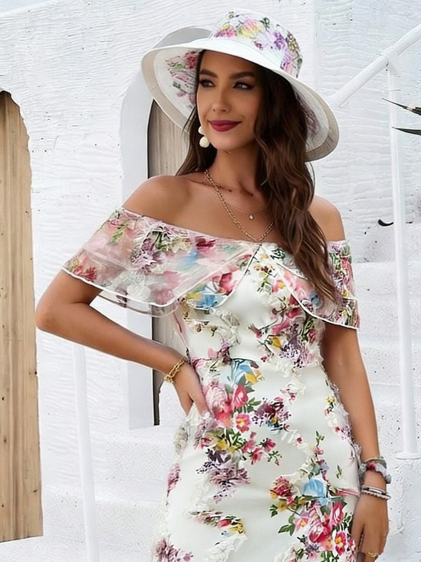 A Stylish And Romantic Off-Shoulder Bodycon Dress for Women, Featuring Ruffles And a Floral Sheer Design That Highlights The Waist