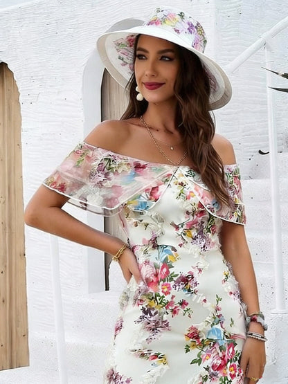 A Stylish And Romantic Off-Shoulder Bodycon Dress for Women, Featuring Ruffles And a Floral Sheer Design That Highlights The Waist