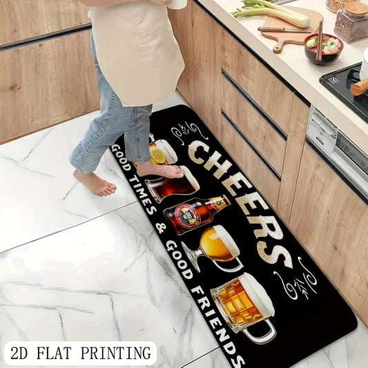 1pc Cheers Beer Bar Door Mat - Non-Slip Backing Indoor/Outdoor Mat with Vintage Beer Mug Design - Black Background - Durable Polyester Floor Mat for Kitchen, Living Room, Bar Decor - Housewarming Gift for Beer Lovers, Beer Gi