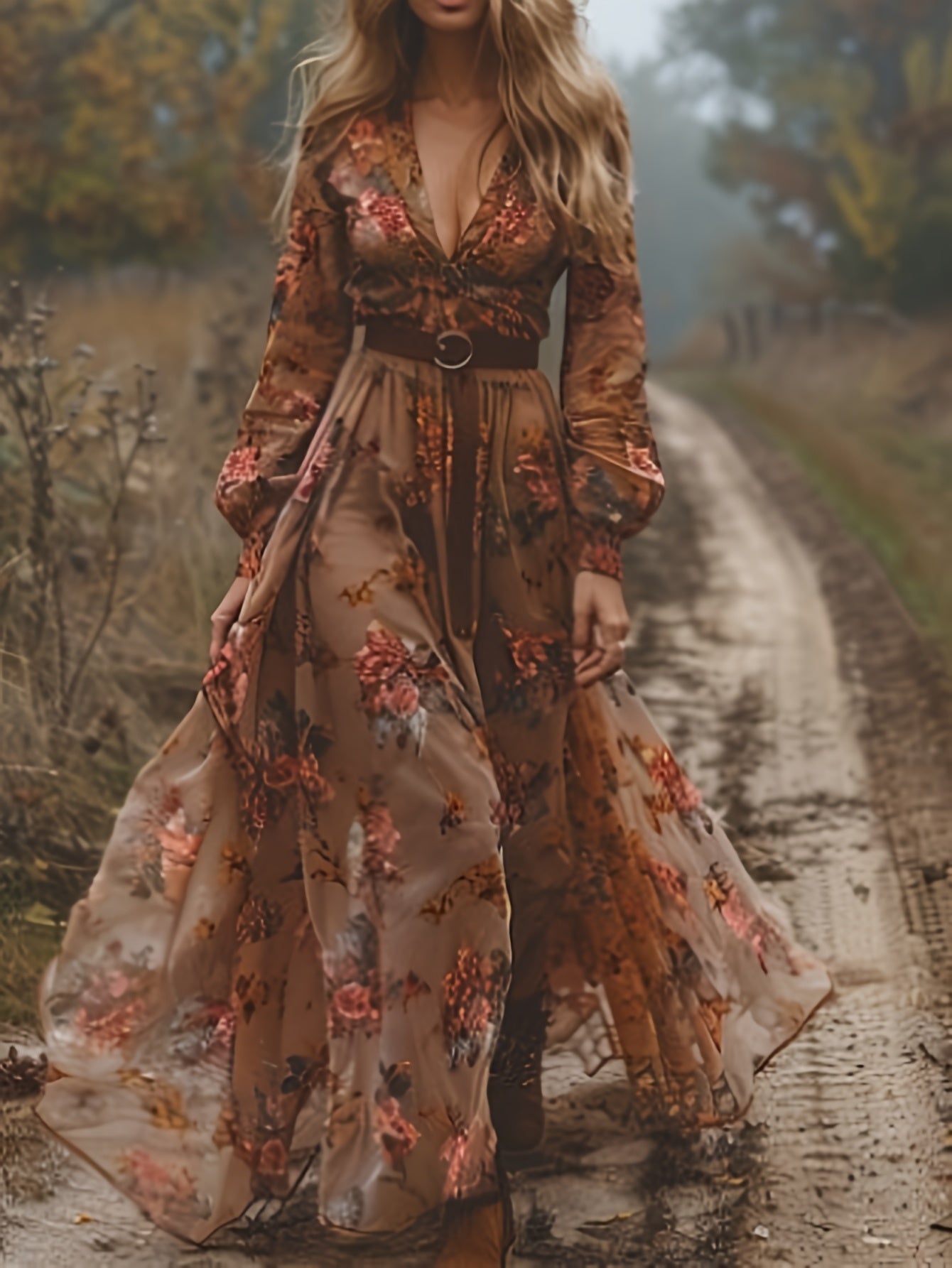 Plus Size - Plus Size - Plus Size, Women'S Elegant Floral Print V-Neck Long Sleeve Maxi Dress - Flowy A-Line Floor-Length Formal & Semi-Formal Dress with Asymmetrical Hem, Structured Waist, Non-Stretch Fabric for Spring/Fall