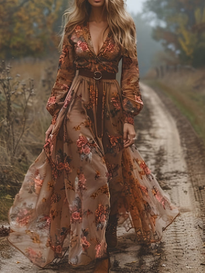 Plus Size - Plus Size - Plus Size, Women'S Elegant Floral Print V-Neck Long Sleeve Maxi Dress - Flowy A-Line Floor-Length Formal & Semi-Formal Dress with Asymmetrical Hem, Structured Waist, Non-Stretch Fabric for Spring/Fall