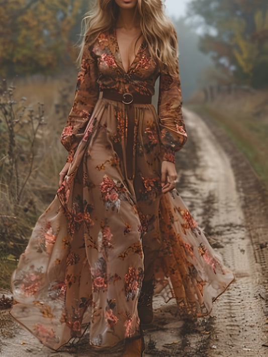 Plus Size - Plus Size - Plus Size, Women'S Elegant Floral Print V-Neck Long Sleeve Maxi Dress - Flowy A-Line Floor-Length Formal & Semi-Formal Dress with Asymmetrical Hem, Structured Waist, Non-Stretch Fabric for Spring/Fall