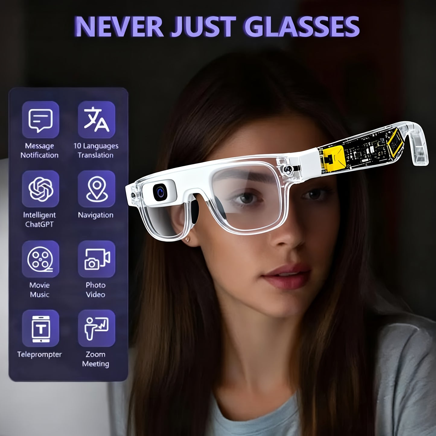 2025 Real-Time Translation Smart Glasses with 160 Language, 4K Video Recording & Wireless Calling - Magnetic Fast-Charging Wireless Eyewear for Travel, Business, Smart Device Compatibility (-)