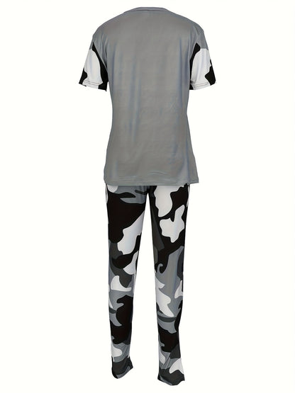 No Worries, God Got Me Camouflage Print Spring And Summer Short-sleeved Round Neck T-shirt Camouflage Print Tight Trousers Suit Spring And Summer S Leisure Two-piece Suit, Casual Wear, Leisure Outfit, Short Sleeve Top, Tight