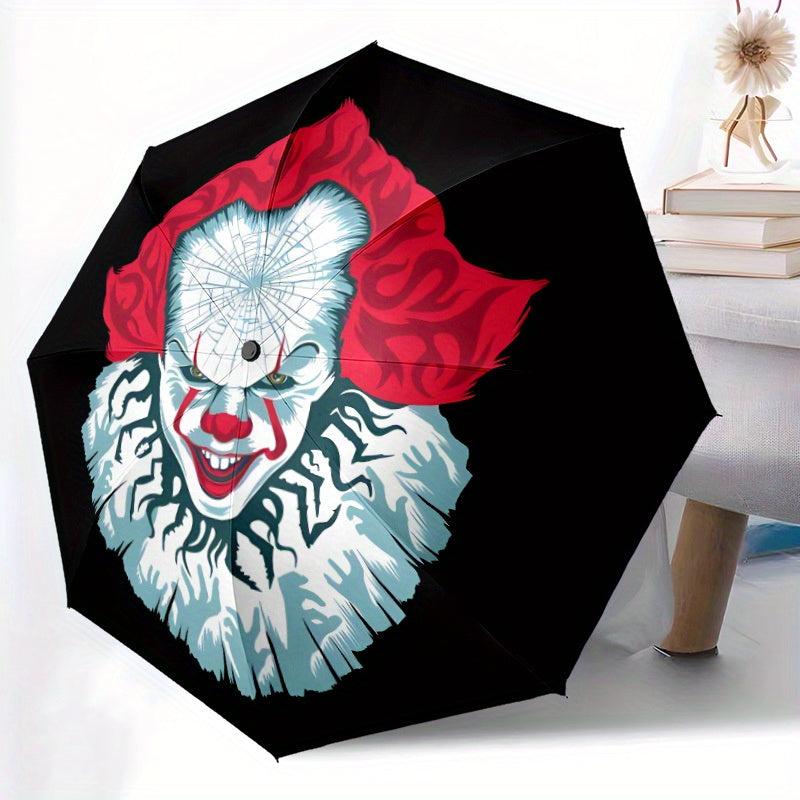 Pennywise Inspired Automatic Folding Umbrella - Durable 8-Rib Design, Portable Travel Umbrella with Vibrant Pennywise Face Artwork, Black with Red & White Stripes, Perfect Holiday Gift for Fans, Stylish & Functional Accessory